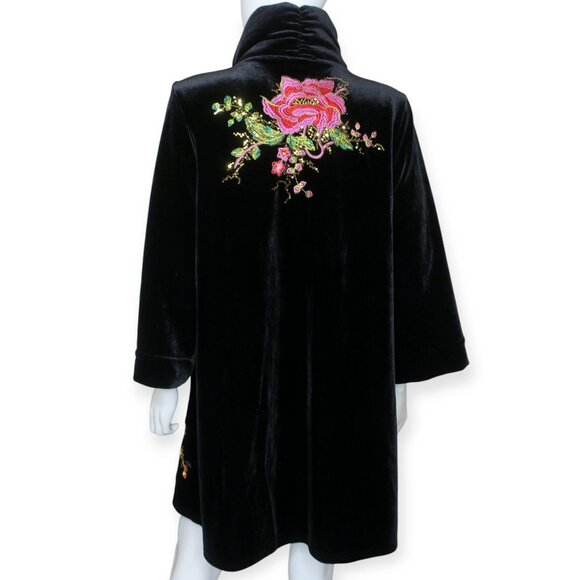 Vicky and Lukas Swing Coat Velvet Heavily Embroidered Peacock Floral Large - Picture 3 of 9